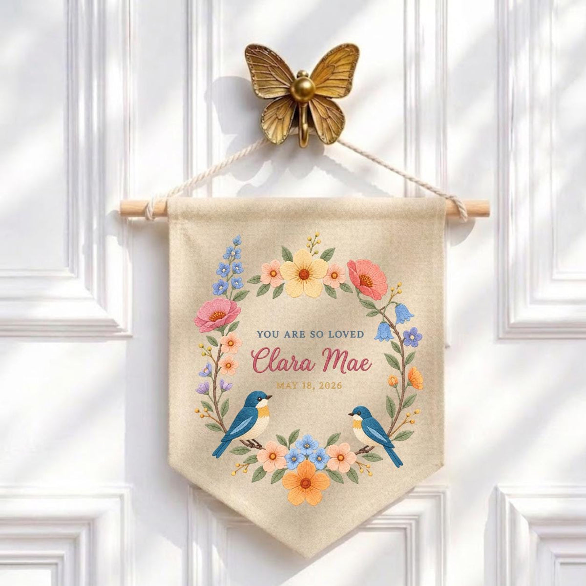 Personalized Baby Name Banner Clara Mae Floral Bird Nursery Wall Decor You Are So Loved Birth Announcement Embroidered Pennant Baby Gift