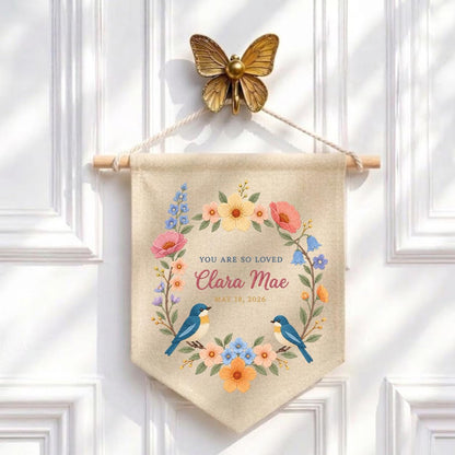 Personalized Baby Name Banner Clara Mae Floral Bird Nursery Wall Decor You Are So Loved Birth Announcement Embroidered Pennant Baby Gift