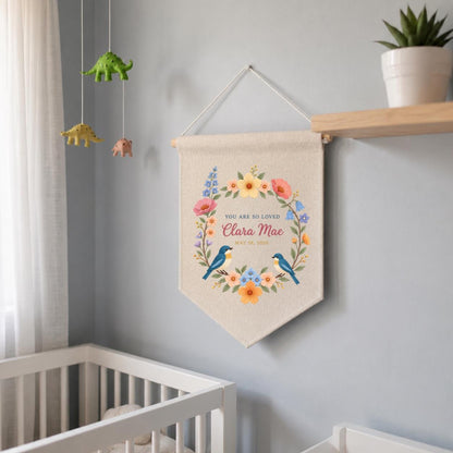 Personalized Baby Name Banner Clara Mae Floral Bird Nursery Wall Decor You Are So Loved Birth Announcement Embroidered Pennant Baby Gift