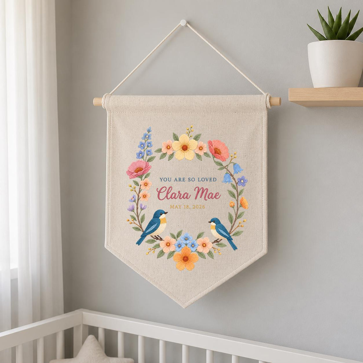 Personalized Baby Name Banner Clara Mae Floral Bird Nursery Wall Decor You Are So Loved Birth Announcement Embroidered Pennant Baby Gift