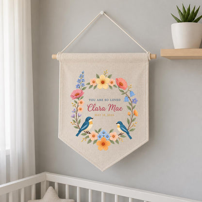 Personalized Baby Name Banner Clara Mae Floral Bird Nursery Wall Decor You Are So Loved Birth Announcement Embroidered Pennant Baby Gift