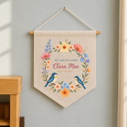 Personalized Baby Name Banner Clara Mae Floral Bird Nursery Wall Decor You Are So Loved Birth Announcement Embroidered Pennant Baby Gift