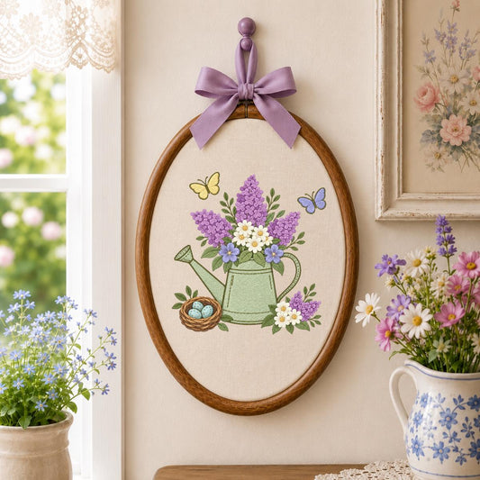 Garden Watering Can Embroidery Hoop Wall Hanging Floral Botanical Decor Butterfly Bird Nest Eggs Cottage Home Gift Nature Lover Decoration
