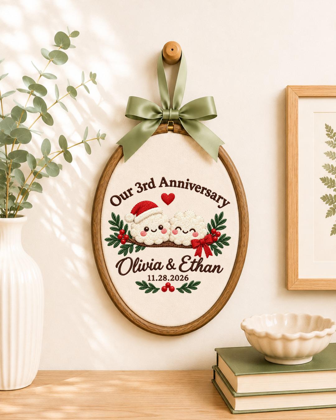 Personalized 3rd Anniversary Embroidered Ornament, Custom Couple Names Christmas Hoop, Third Anniversary Gift, Romantic Keepsake
