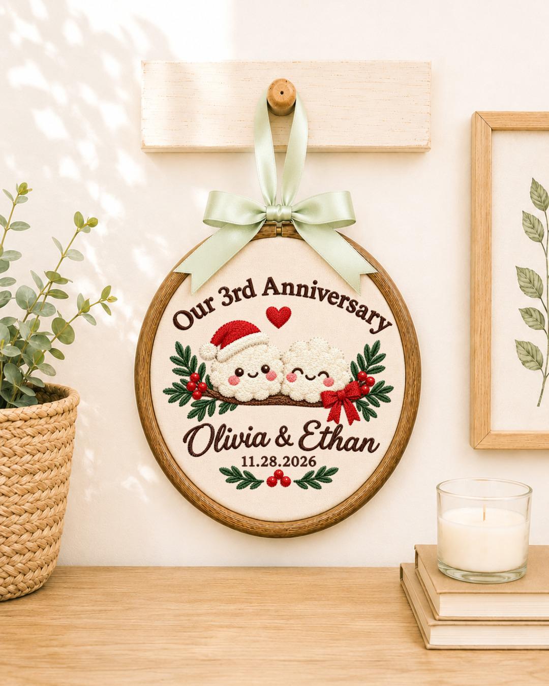 Personalized 3rd Anniversary Embroidered Ornament, Custom Couple Names Christmas Hoop, Third Anniversary Gift, Romantic Keepsake