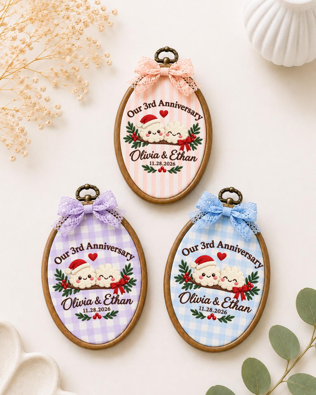 Personalized 3rd Anniversary Embroidered Ornament, Custom Couple Names Christmas Hoop, Third Anniversary Gift, Romantic Keepsake