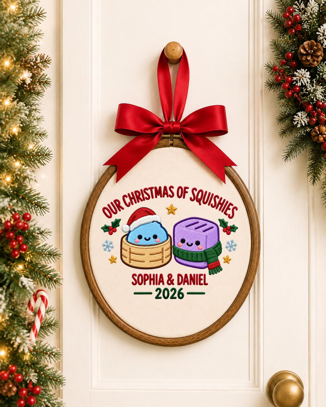 Personalized Squishies Christmas Embroidered Ornament, Custom Couple Names Hoop, Cute Christmas Keepsake, Holiday Gift for Couple