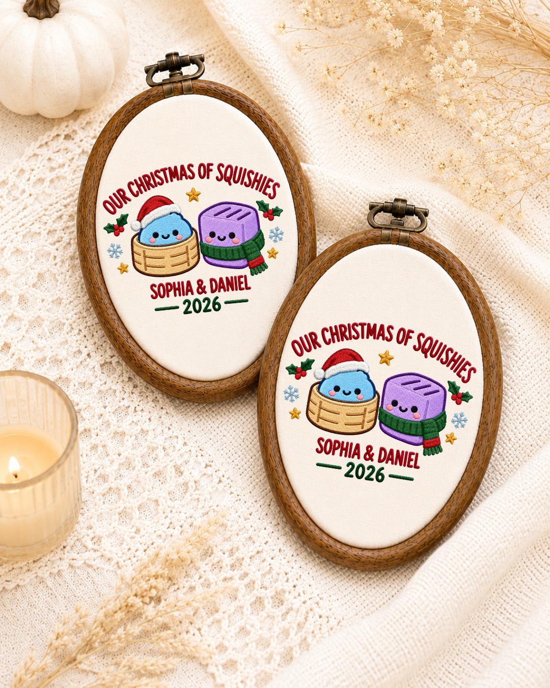 Personalized Squishies Christmas Embroidered Ornament, Custom Couple Names Hoop, Cute Christmas Keepsake, Holiday Gift for Couple