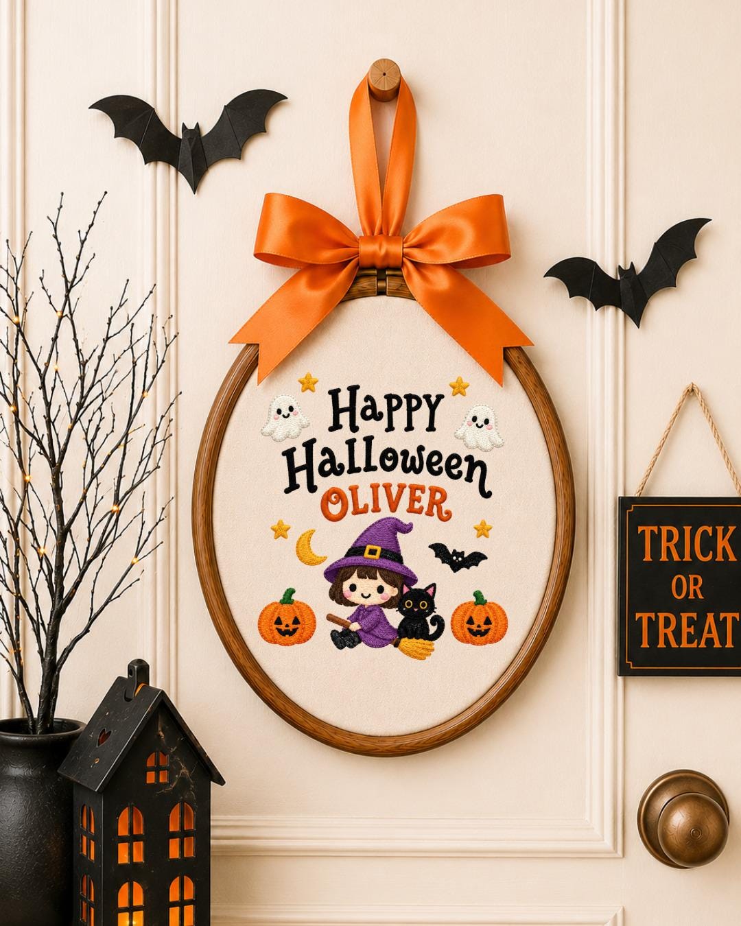 Personalized Halloween Witch Embroidered Ornament, Custom Name Hoop, Cute Witch and Black Cat Decor, Kids Halloween Gift