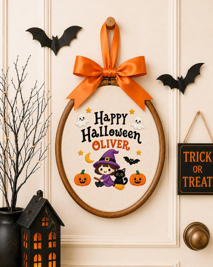 Personalized Halloween Witch Embroidered Ornament, Custom Name Hoop, Cute Witch and Black Cat Decor, Kids Halloween Gift