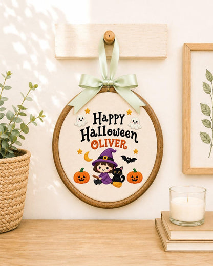 Personalized Halloween Witch Embroidered Ornament, Custom Name Hoop, Cute Witch and Black Cat Decor, Kids Halloween Gift