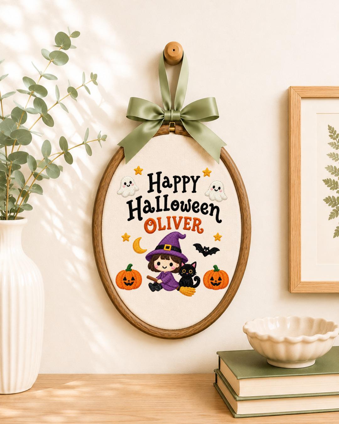 Personalized Halloween Witch Embroidered Ornament, Custom Name Hoop, Cute Witch and Black Cat Decor, Kids Halloween Gift