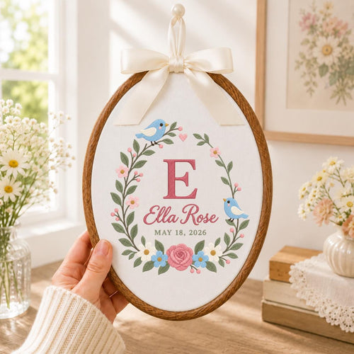 Personalized Baby Name Hoop Ella Rose Floral Bird Nursery Wall Decor Initial E Birth Announcement Embroidered Baby Shower Keepsake Gift