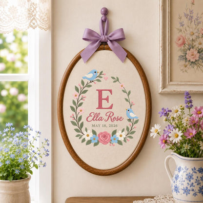 Personalized Baby Name Hoop Ella Rose Floral Bird Nursery Wall Decor Initial E Birth Announcement Embroidered Baby Shower Keepsake Gift
