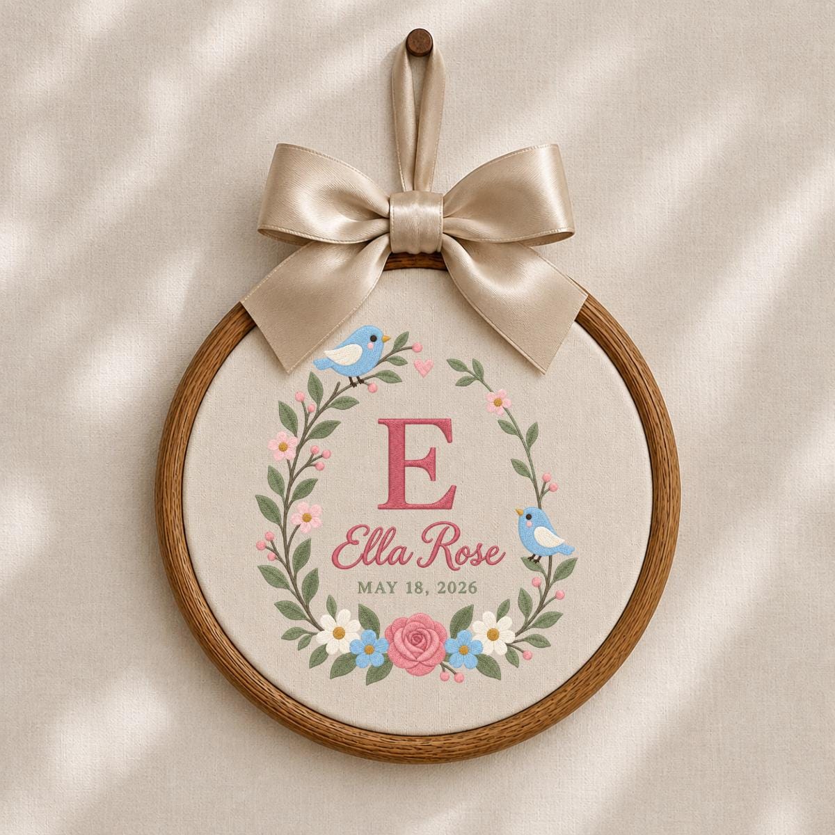 Personalized Baby Name Hoop Ella Rose Floral Bird Nursery Wall Decor Initial E Birth Announcement Embroidered Baby Shower Keepsake Gift
