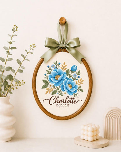 Personalized Blue Floral Embroidered Ornament, Custom Name and Date Flower Ornament, Birth Flower Keepsake, Personalized Gift for Her