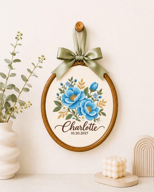Personalized Blue Floral Embroidered Ornament, Custom Name and Date Flower Ornament, Birth Flower Keepsake, Personalized Gift for Her