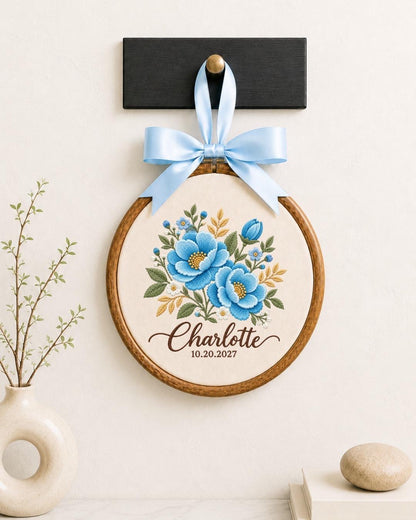 Personalized Blue Floral Embroidered Ornament, Custom Name and Date Flower Ornament, Birth Flower Keepsake, Personalized Gift for Her