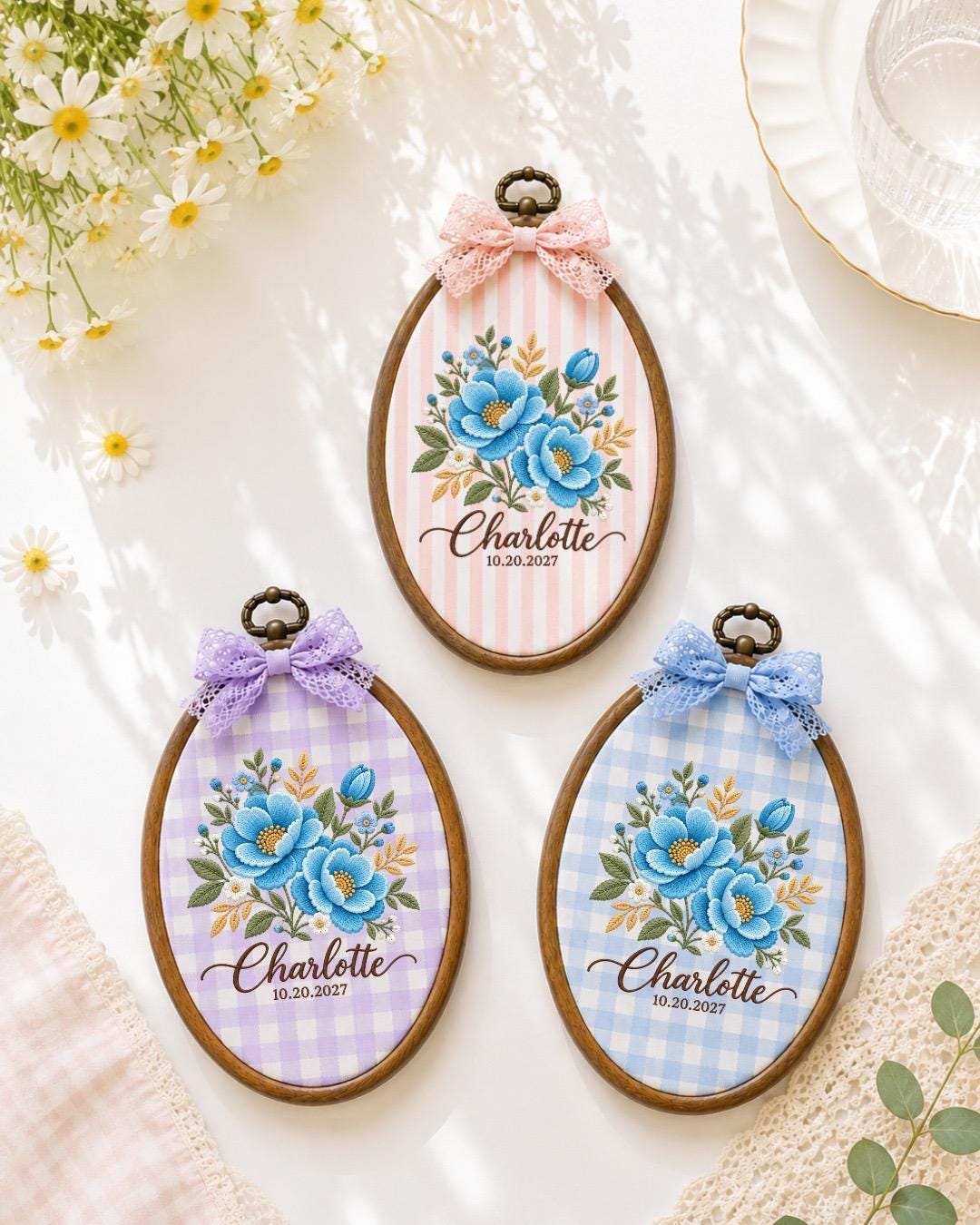 Personalized Blue Floral Embroidered Ornament, Custom Name and Date Flower Ornament, Birth Flower Keepsake, Personalized Gift for Her