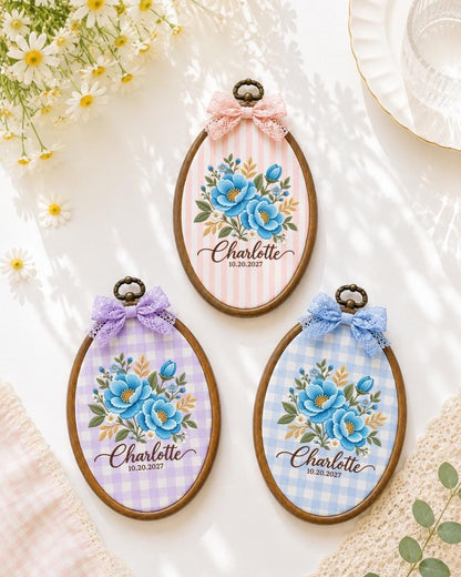Personalized Blue Floral Embroidered Ornament, Custom Name and Date Flower Ornament, Birth Flower Keepsake, Personalized Gift for Her