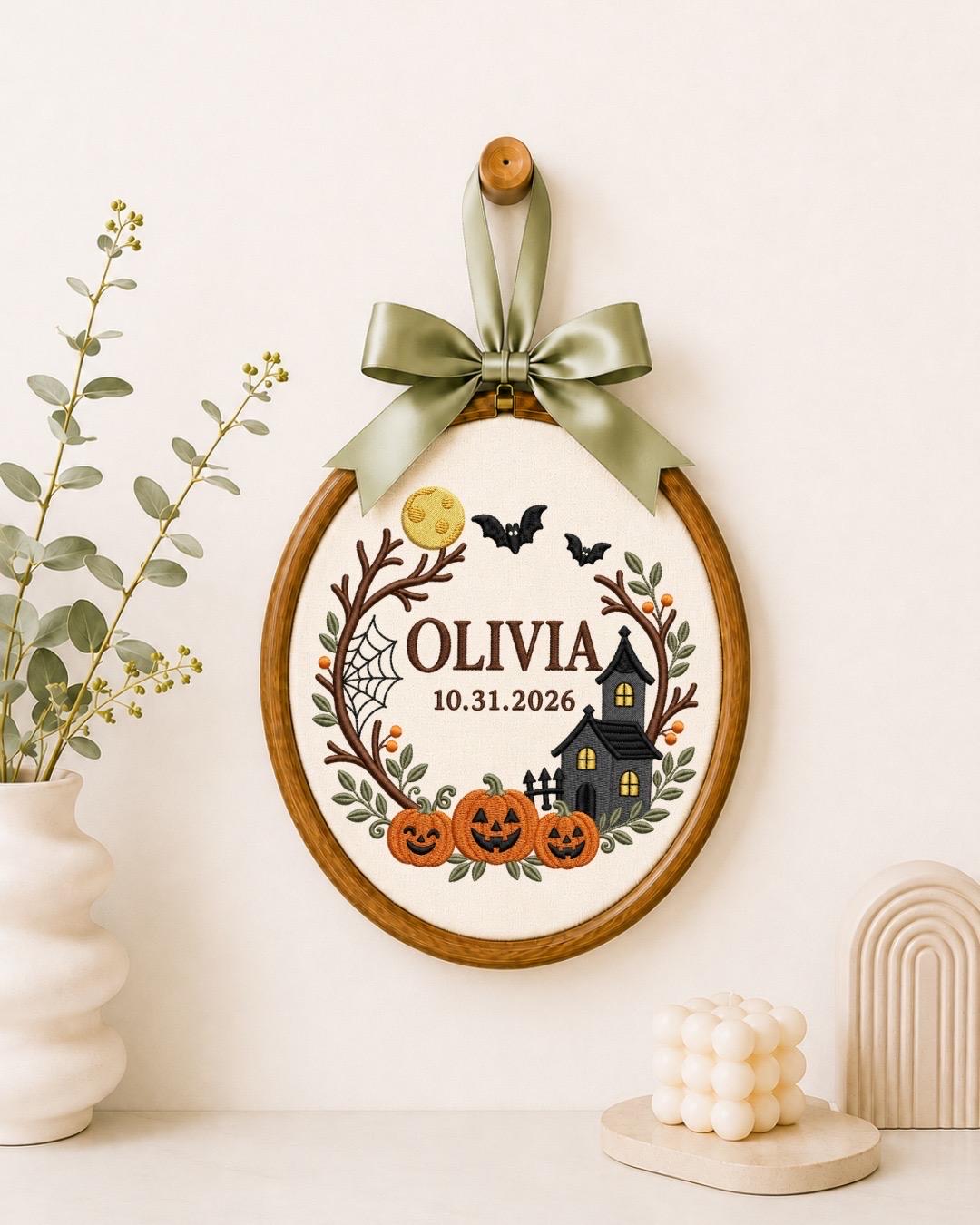 Personalized Halloween Embroidered Ornament, Custom Name and Date Pumpkin Ornament, Haunted House Halloween Decor, First Halloween Gift