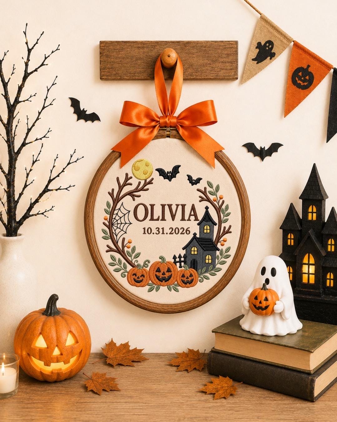 Personalized Halloween Embroidered Ornament, Custom Name and Date Pumpkin Ornament, Haunted House Halloween Decor, First Halloween Gift