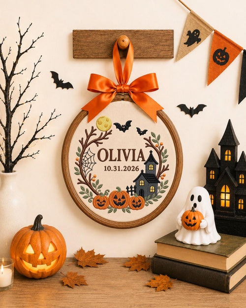 Personalized Halloween Embroidered Ornament, Custom Name and Date Pumpkin Ornament, Haunted House Halloween Decor, First Halloween Gift