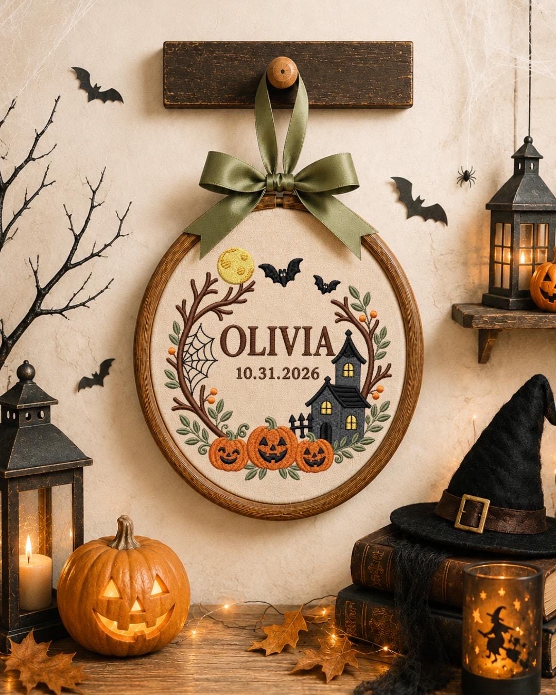 Personalized Halloween Embroidered Ornament, Custom Name and Date Pumpkin Ornament, Haunted House Halloween Decor, First Halloween Gift