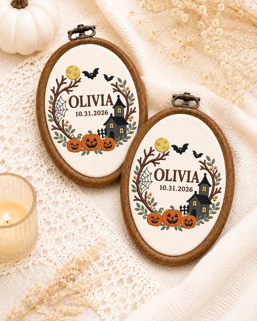 Personalized Halloween Embroidered Ornament, Custom Name and Date Pumpkin Ornament, Haunted House Halloween Decor, First Halloween Gift
