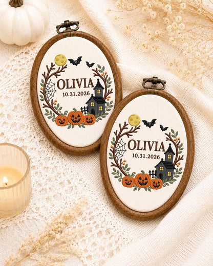 Personalized Halloween Embroidered Ornament, Custom Name and Date Pumpkin Ornament, Haunted House Halloween Decor, First Halloween Gift