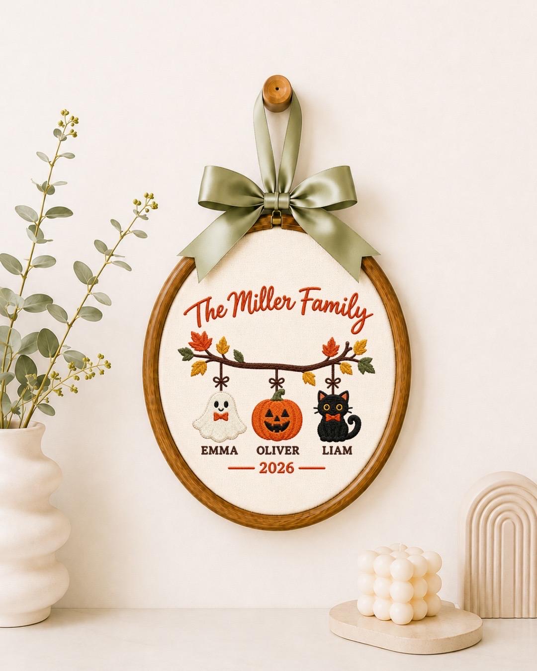 Personalized Family Halloween Embroidered Ornament, Custom Family Name Ornament, Ghost Pumpkin Black Cat Halloween Decor, Family Keepsake