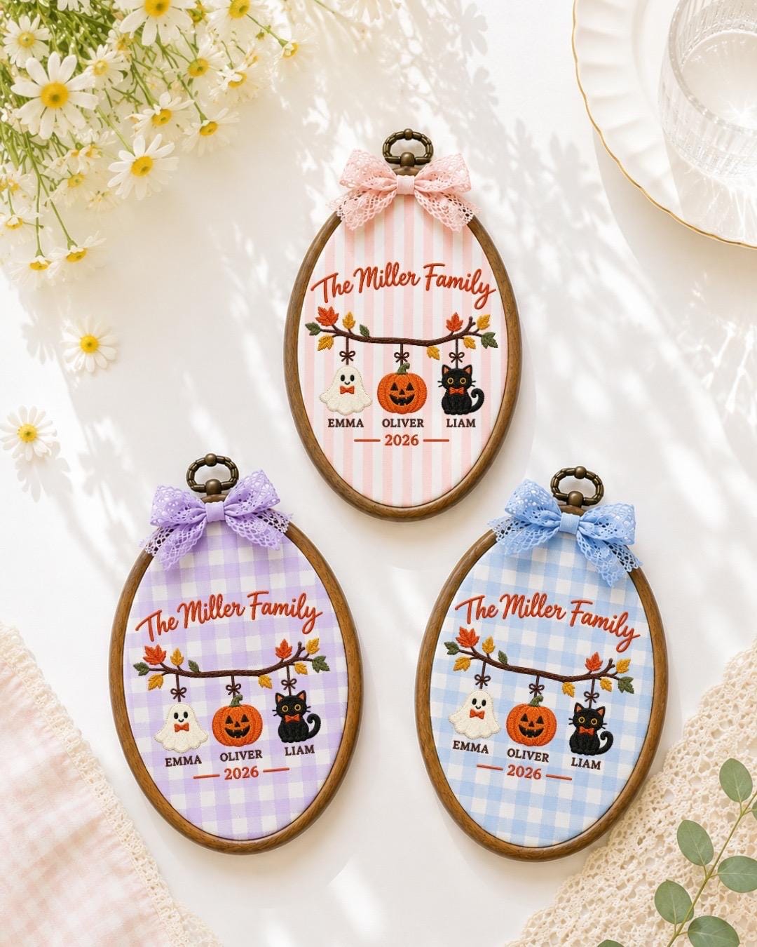 Personalized Family Halloween Embroidered Ornament, Custom Family Name Ornament, Ghost Pumpkin Black Cat Halloween Decor, Family Keepsake