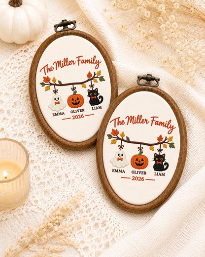 Personalized Family Halloween Embroidered Ornament, Custom Family Name Ornament, Ghost Pumpkin Black Cat Halloween Decor, Family Keepsake