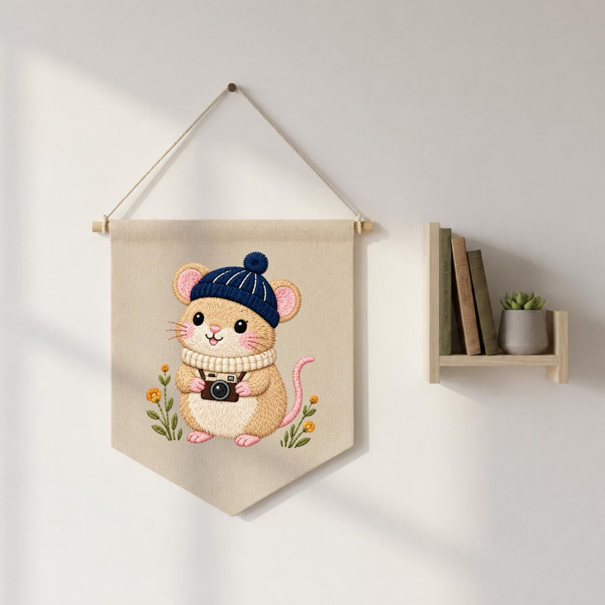 Embroidered Mouse Banner Cute Woodland Animal Wall Hanging Camera Lover Nursery Decor Cozy Winter Home Gift Handmade Keepsake Pennant