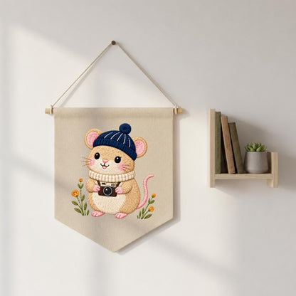 Embroidered Mouse Banner Cute Woodland Animal Wall Hanging Camera Lover Nursery Decor Cozy Winter Home Gift Handmade Keepsake Pennant