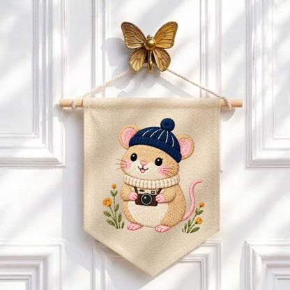 Embroidered Mouse Banner Cute Woodland Animal Wall Hanging Camera Lover Nursery Decor Cozy Winter Home Gift Handmade Keepsake Pennant