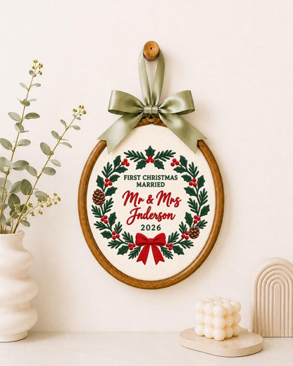 Personalized First Married Christmas Embroidered Ornament, Mr and Mrs Wedding Ornament, Custom Last Name Newlywed Christmas Gift
