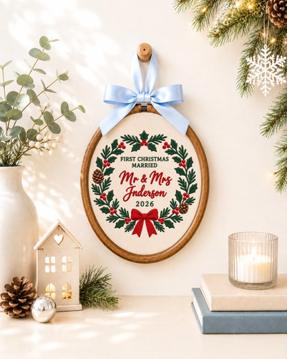 Personalized First Married Christmas Embroidered Ornament, Mr and Mrs Wedding Ornament, Custom Last Name Newlywed Christmas Gift