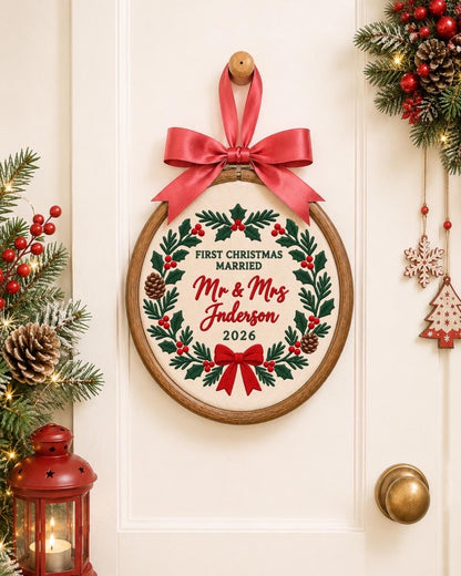 Personalized First Married Christmas Embroidered Ornament, Mr and Mrs Wedding Ornament, Custom Last Name Newlywed Christmas Gift