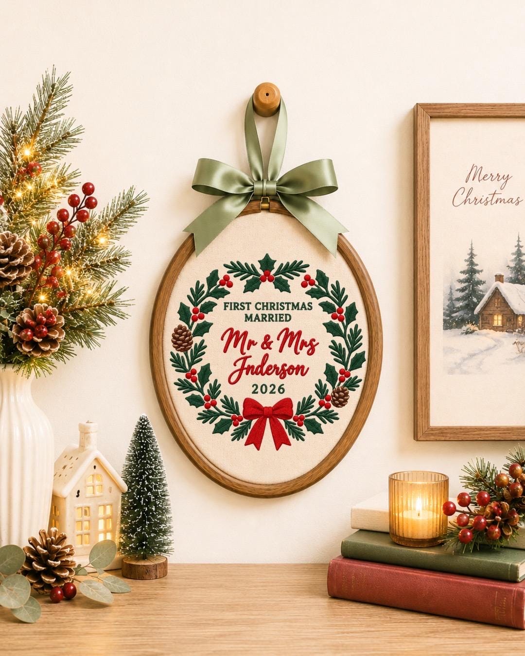 Personalized First Married Christmas Embroidered Ornament, Mr and Mrs Wedding Ornament, Custom Last Name Newlywed Christmas Gift