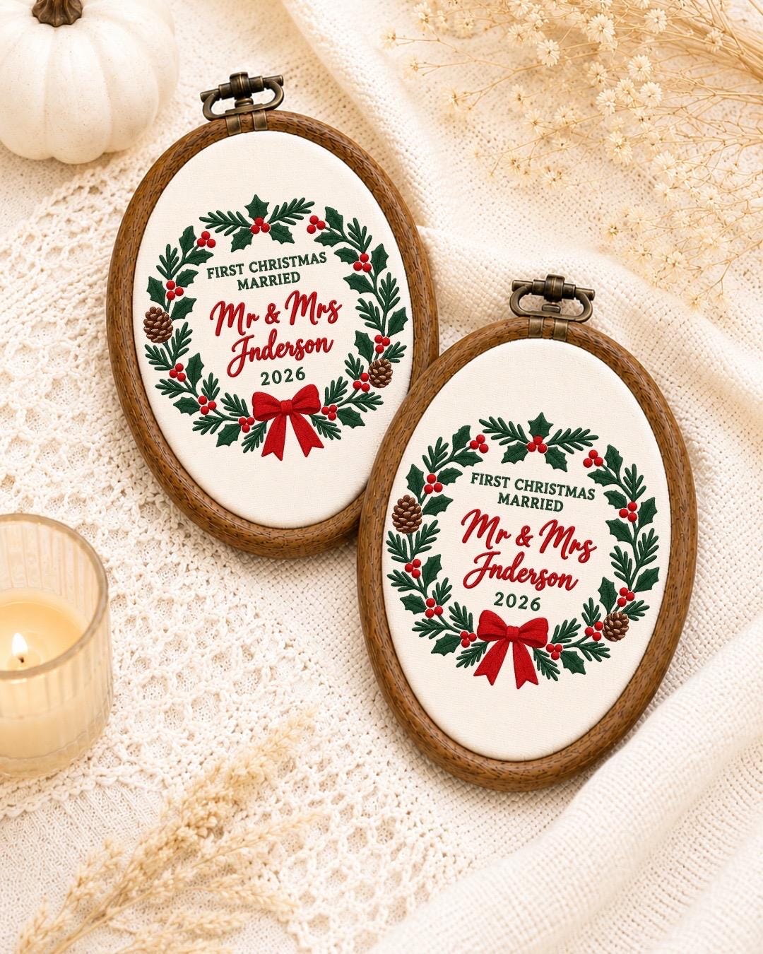 Personalized First Married Christmas Embroidered Ornament, Mr and Mrs Wedding Ornament, Custom Last Name Newlywed Christmas Gift