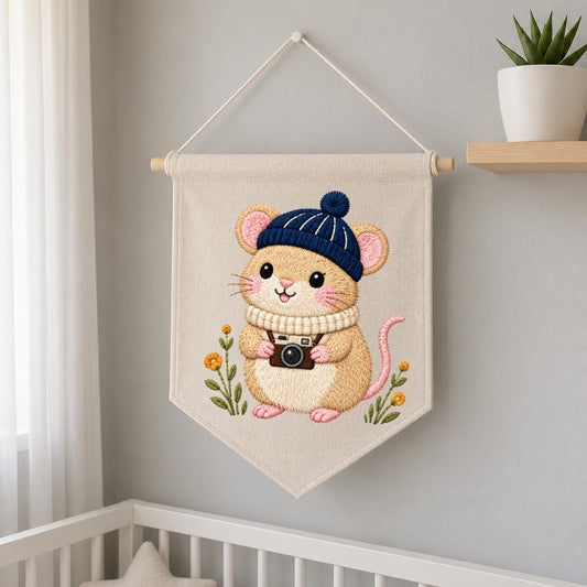 Embroidered Mouse Banner Cute Woodland Animal Wall Hanging Camera Lover Nursery Decor Cozy Winter Home Gift Handmade Keepsake Pennant