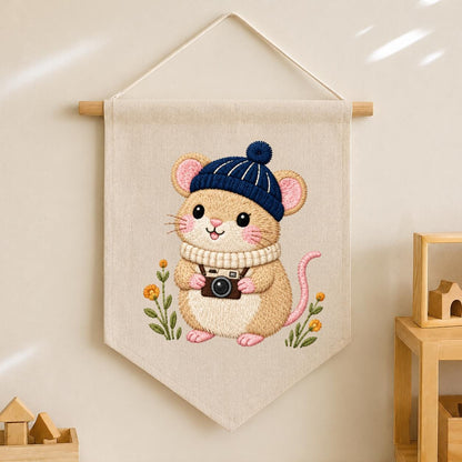 Embroidered Mouse Banner Cute Woodland Animal Wall Hanging Camera Lover Nursery Decor Cozy Winter Home Gift Handmade Keepsake Pennant