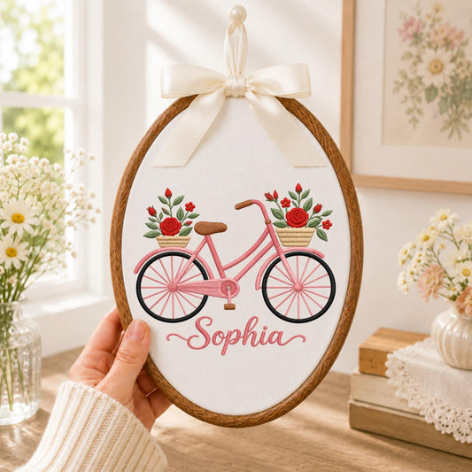 Personalized Bicycle Embroidered Ornament, Custom Girl Name Floral Bike Decor, Pink Bicycle Wall Hanging, Rose Nursery Gift, Cottagecore
