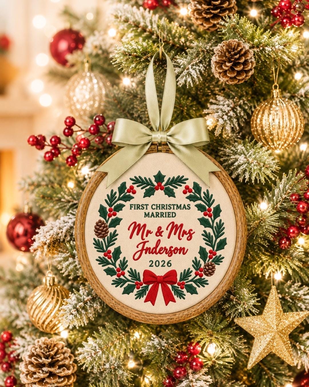 Personalized First Married Christmas Embroidered Ornament, Mr and Mrs Wedding Ornament, Custom Last Name Newlywed Christmas Gift