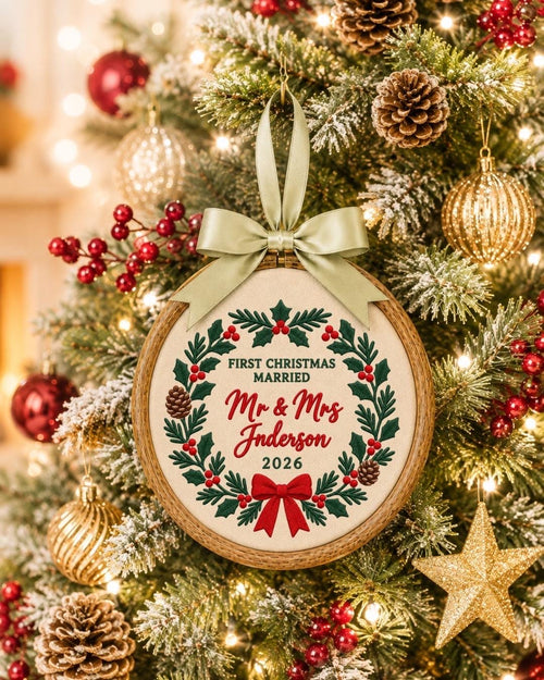 Personalized First Married Christmas Embroidered Ornament, Mr and Mrs Wedding Ornament, Custom Last Name Newlywed Christmas Gift