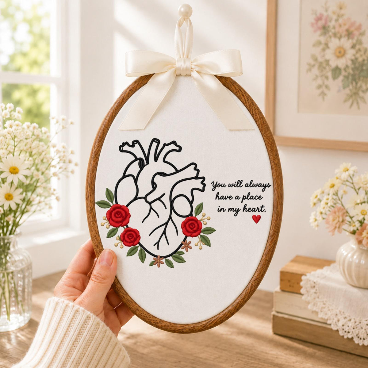 Personalized Heart Memorial Embroidered Ornament, Floral Remembrance Gift, Sympathy Keepsake for Loss of Loved One, In My Heart Decor