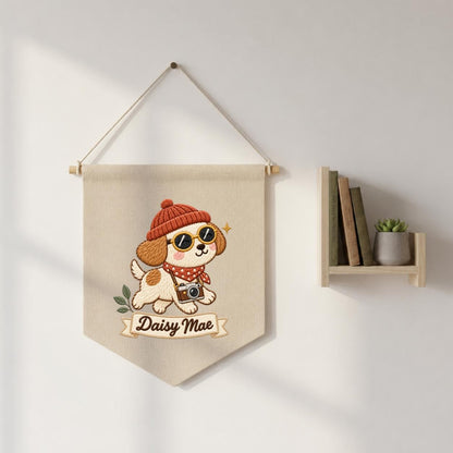Personalized Dog Banner Daisy Mae Cute Puppy Photographer Wall Hanging Cozy Winter Nursery Decor Camera Lover Gift Handmade Keepsake Pennant