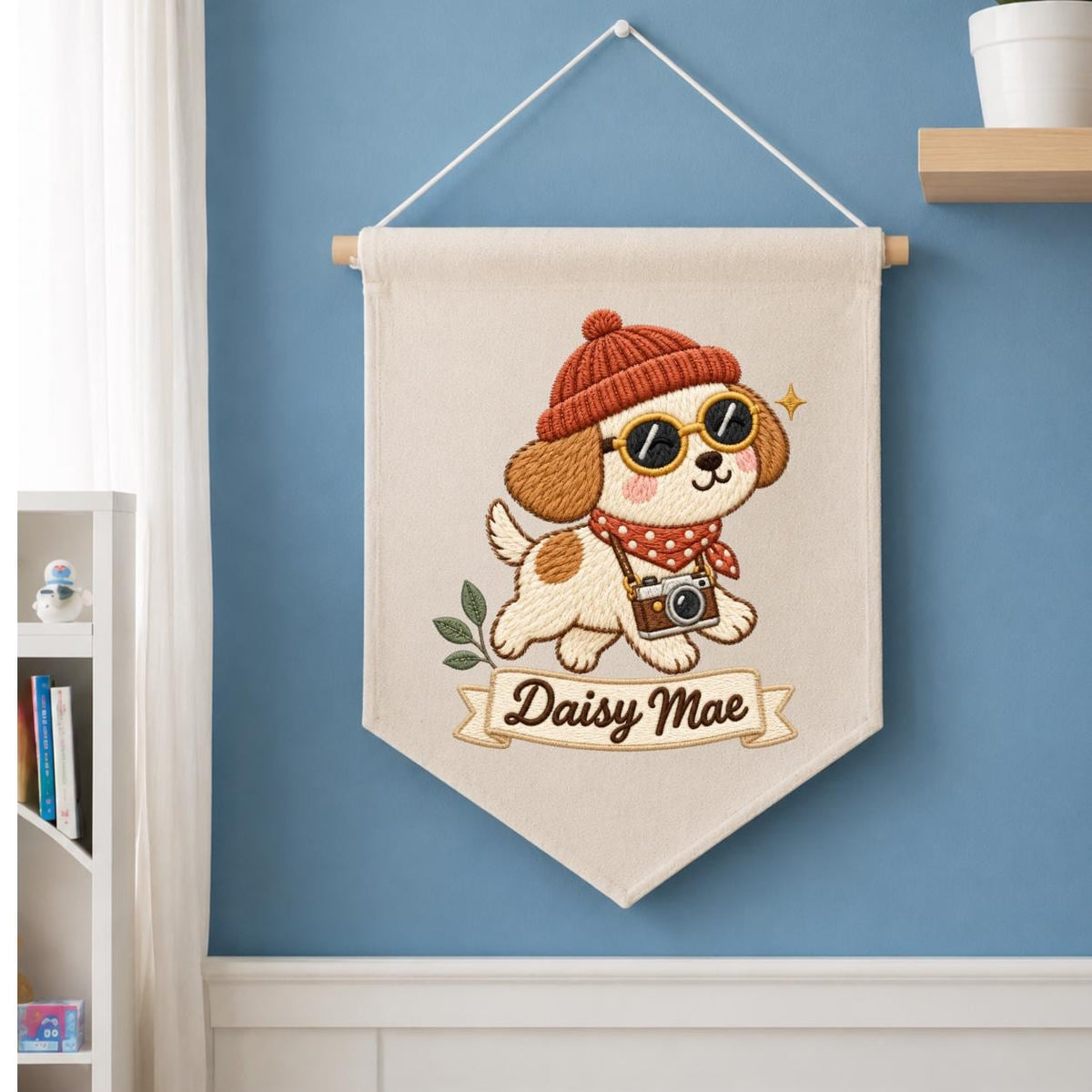 Personalized Dog Banner Daisy Mae Cute Puppy Photographer Wall Hanging Cozy Winter Nursery Decor Camera Lover Gift Handmade Keepsake Pennant