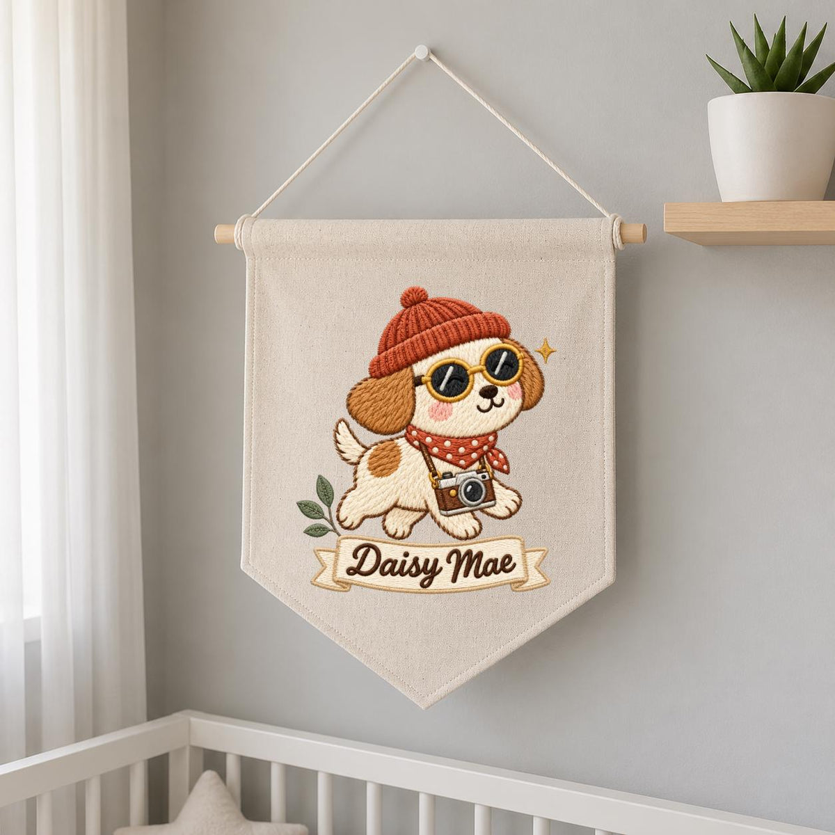 Personalized Dog Banner Daisy Mae Cute Puppy Photographer Wall Hanging Cozy Winter Nursery Decor Camera Lover Gift Handmade Keepsake Pennant